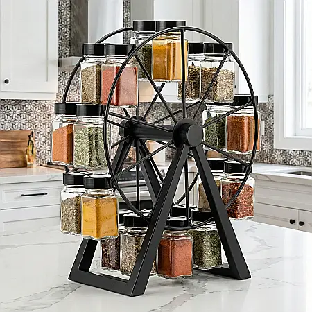 Bucătărie - Set 18 Recipiente Condimente cu Suport Rotativ – Borcane Sticlă 99 g, Organizator Bucătărie Premium, Design Modern și Elegant, Acces Rapid la Arome