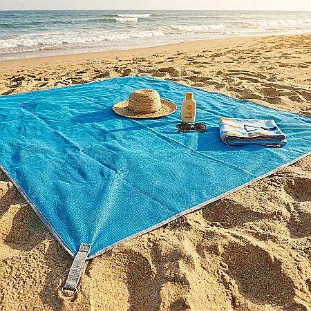 Pătură de Plajă XXL Albastră – 200x150 cm, Rezistentă la Nisip și Apă, cu Cârlige de Fixare, Material Respirabil și Compact, Ideală pentru Plajă, Picnic și Camping [2]