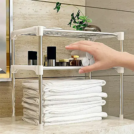 Raft Multifuncțional pentru Birou, Baie și Bucătărie – 2 Niveluri, Oțel Inoxidabil și Accesorii Plastic, Stabil și Rezistent, Modular și Extensibil, 50 x 56 cm [2]