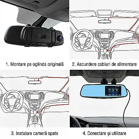 Oglindă Retrovizoare cu Cameră Auto Full HD – Unghi 120°, Senzor Mișcare, LED Noapte, Montaj Peste Oglinda Originală, Alimentare 12V, Compatibilă microSD până la 32GB [1]