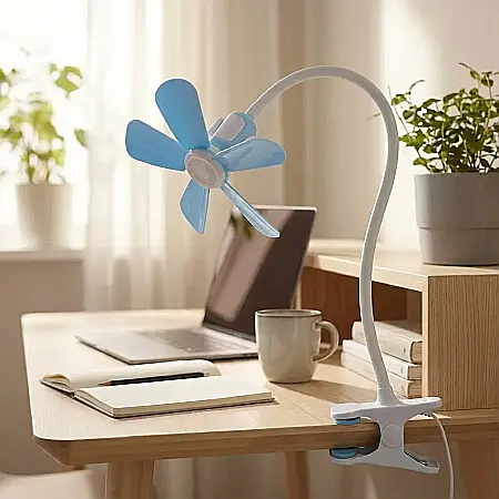 Ventilator de Birou cu Clemă Zola – 360° Rotire, 180° Înclinare, Putere 8W, 5 Lame Eficiente, Comutator pe Cablu și Design Compact: Răcorire Personalizată și Economie de Spațiu pentru Birou sau Acasă [2]