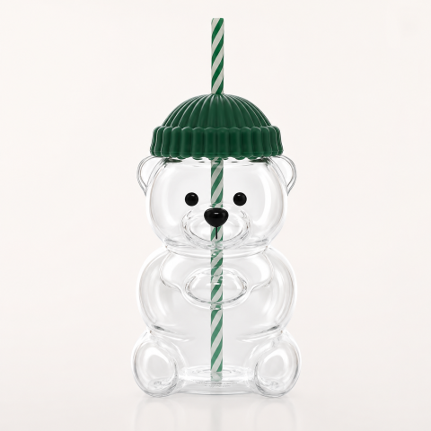 Bucătărie - Pahar Reutilizabil cu Pai, Design Urs, Capacitate 500 ml, Plastic, Pentru Băuturi Reci