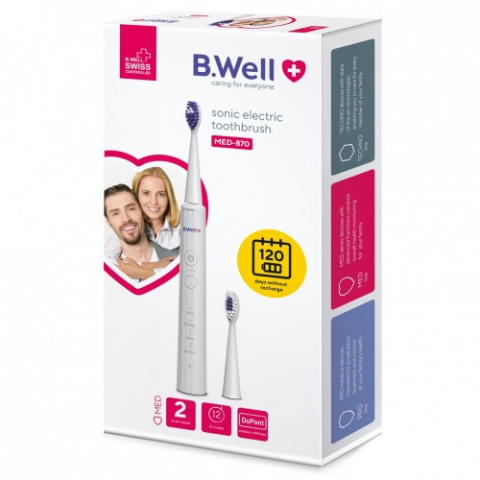 Produse tehnico-medicale - Periuta electrica sonica alba 12 tip.operare, 2 capete B.Well USB MED-870 Zephyr Labs