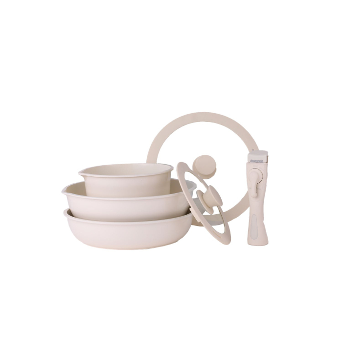 Set 5 piese din ceramica, compus din 2 oale, 1 tigaie si 2 capace de sticla, crem, ZILAN   ZLN 0965 [4]