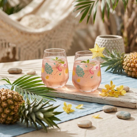 Set 3 pahare apa ALLEGRA ALOHA 425 ml ,   pahare sticla cu design tropical [1]