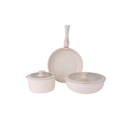 Seturi de oale - Set 5 piese din ceramica, compus din 2 oale, 1 tigaie si 2 capace de sticla, crem, ZILAN   ZLN 0965