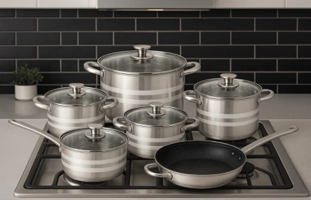 Set complet vase inox 12 piese cu capace ,   compatibil cu inductie [1]
