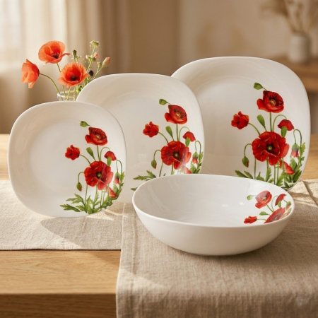 Seturi de  Farfurii - Set farfurii Atlas Maci 19 piese sticla opal model floral rosu