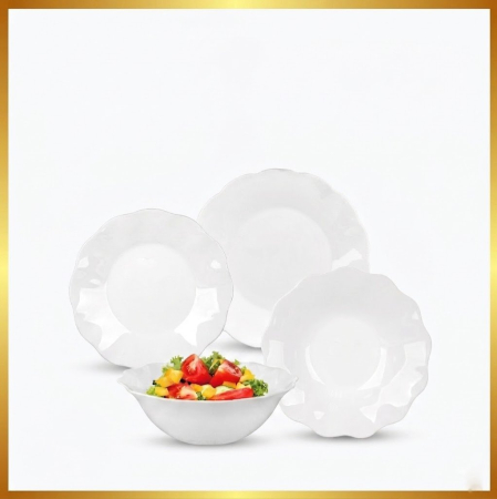 Seturi de  Farfurii - Set farfurii Sophie Flower 19 piese sticla opal alb margini ondulate
