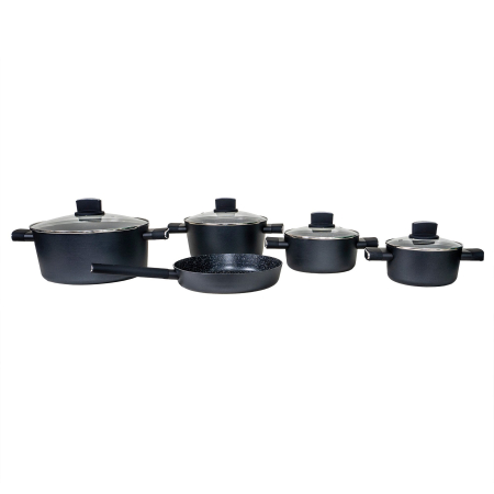 Seturi de oale - Set oale, 9 piese din aluminiu, compus din 4 oale cu manere ,1 tigaie, 4 capace sticla termorezistente   ZLN 0942