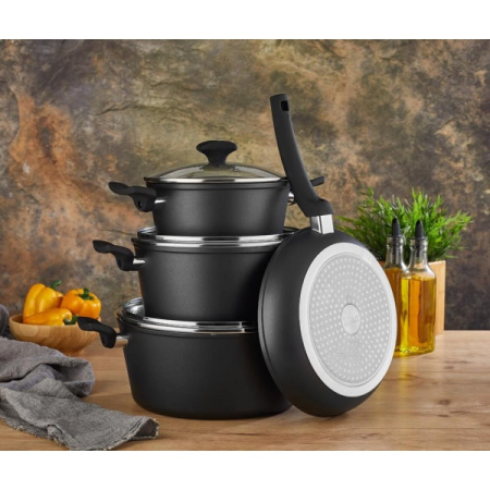 Seturi de oale - Set oale aluminiu 7 piese Zilan ZLN-3277, Strat interior neaderent, Manere ebonita, Capace sticla termorezistenta