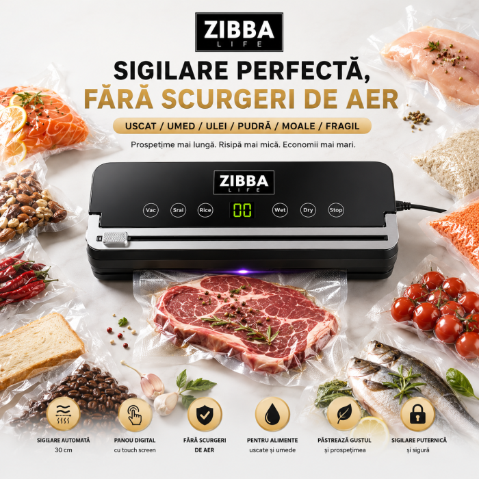 Aparat de Vidat Pro Zibba Life™ cu Putere 120W, Presiunea 65KPA, Banda de lipire de 30cm cu 10 Pungi Incluse, Taiere Role, Vacuum Sigilare Alimente [2]