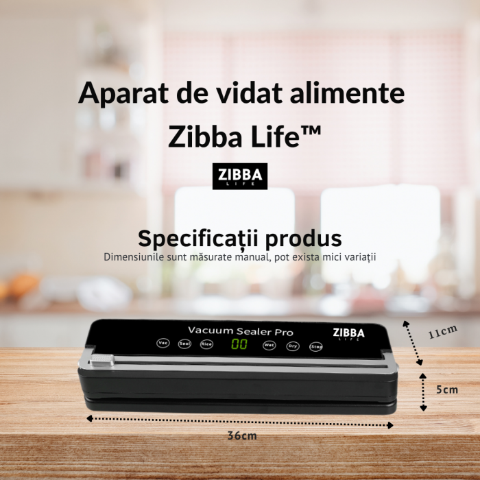 Aparat de Vidat Pro Zibba Life™ cu Putere 120W, Presiunea 65KPA, Banda de lipire de 30cm cu 10 Pungi Incluse, Taiere Role, Vacuum Sigilare Alimente [10]