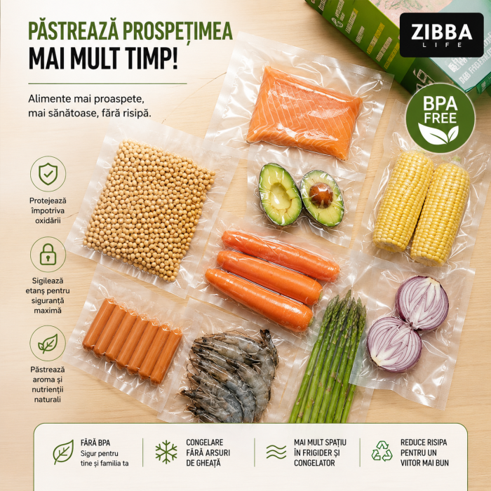 Aparat de Vidat Pro Zibba Life™ cu Putere 120W, Presiunea 65KPA, Banda de lipire de 30cm cu 10 Pungi Incluse, Taiere Role, Vacuum Sigilare Alimente [9]
