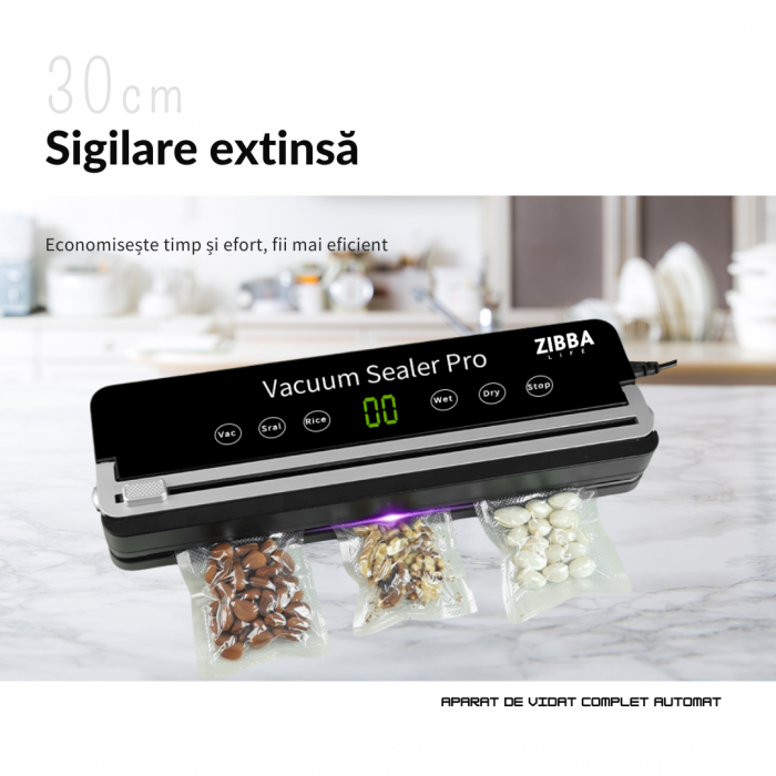 Aparat de Vidat Pro Zibba Life™ cu Putere 120W, Presiunea 65KPA, Banda de lipire de 30cm cu 10 Pungi Incluse, Taiere Role, Vacuum Sigilare Alimente [8]