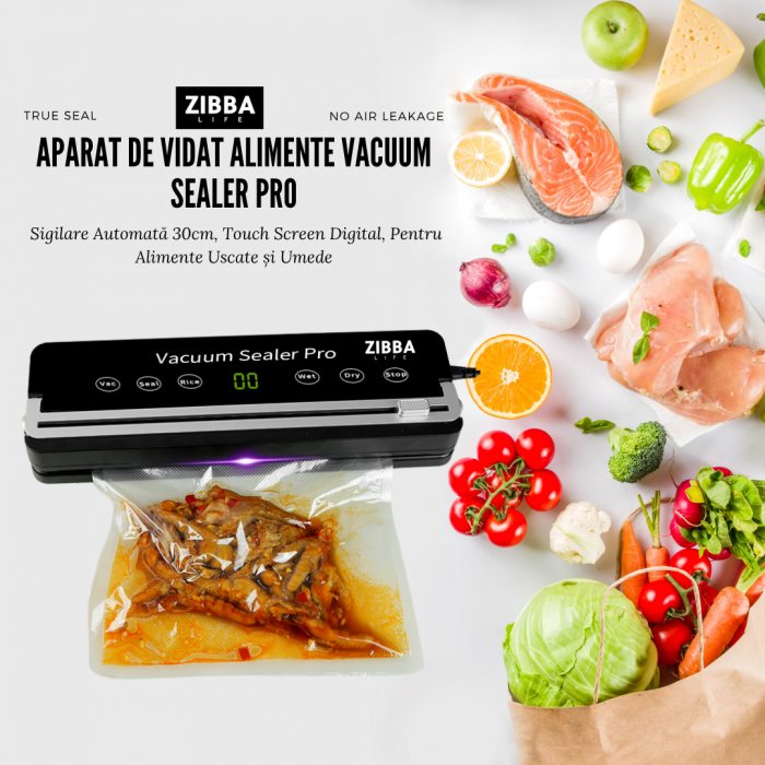 Aparat de Vidat Pro Zibba Life™ cu Putere 120W, Presiunea 65KPA, Banda de lipire de 30cm cu 10 Pungi Incluse, Taiere Role, Vacuum Sigilare Alimente [2]