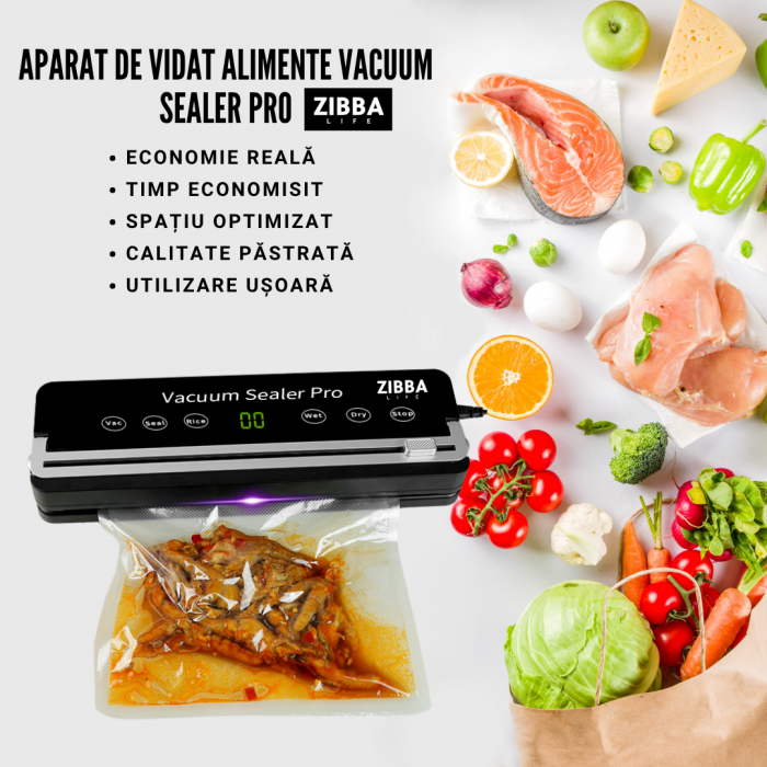 Aparat de Vidat Pro Zibba Life™ cu Putere 120W, Presiunea 65KPA, Banda de lipire de 30cm cu 10 Pungi Incluse, Taiere Role, Vacuum Sigilare Alimente [4]
