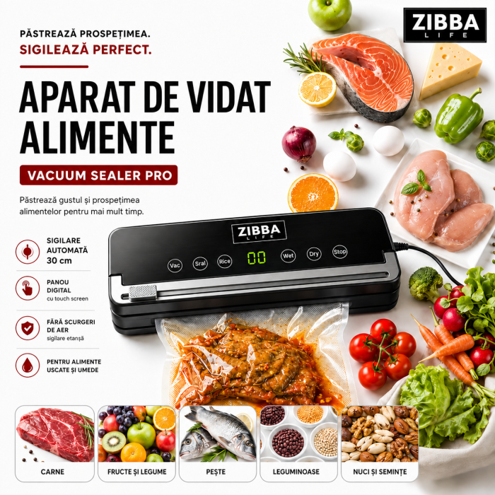 Aparat de Vidat Pro Zibba Life™ cu Putere 120W, Presiunea 65KPA, Banda de lipire de 30cm cu 10 Pungi Incluse, Taiere Role, Vacuum Sigilare Alimente [4]