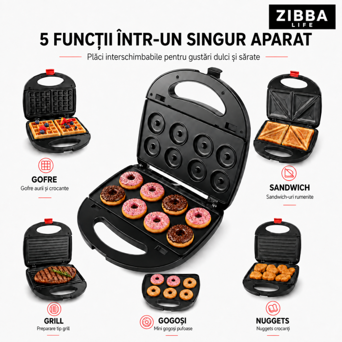 Aparat multifuncțional 5-în-1 – grill, sandwich, gofruri, donut, Nuci, 800 W [4]
