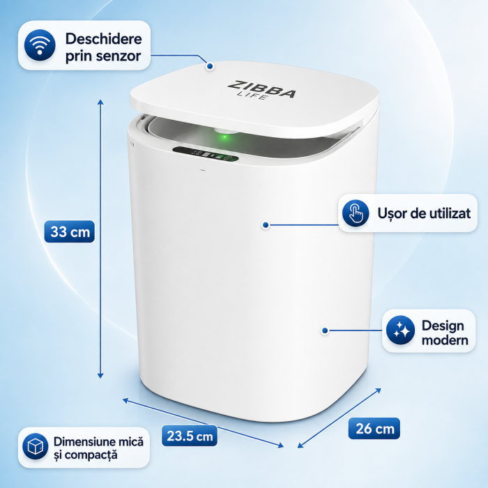Cos de Gunoi Inteligent Zibba Life™, 20L, cu Senzor de Deschidere Automata, Design Moder, Fara Contact [2]