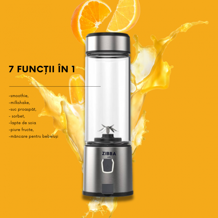 Mini Blender Portabil ZibbaLife™ S-POW, 450ml, 2x1500mAh, 200W, Viteza 20.000rpm, Sticla Borosilicata, Negru [12]