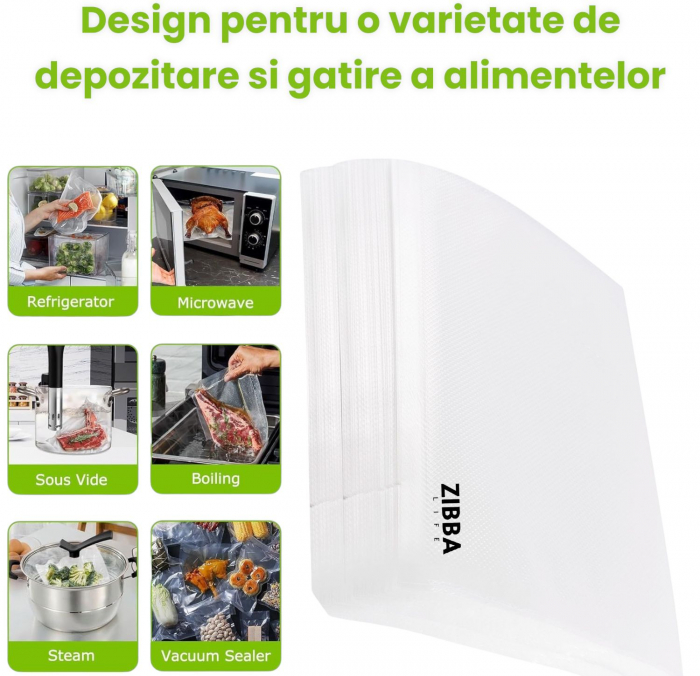 Pungi Vidat Gofrate Zibba Life™ 100 Bucati, Dimensiune 17x25 cm, Compatibile cu Aparat de Vidat Alimente de Orice Model, Reutilizabile, Rezistente [2]