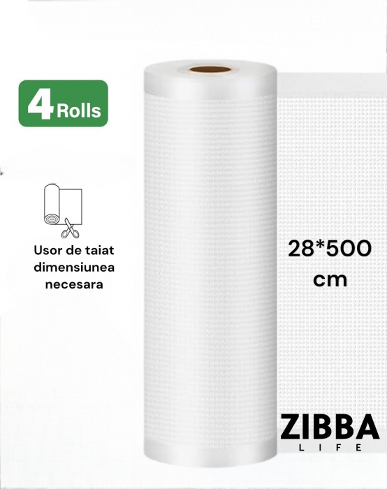 Set 4 Role Gofrate Pungi de Vidat Zibba Life™, 28 cm x 500 cm, Compatibile cu Orice Aparat de Vidat, Reutilizabile, Fara BPA [2]