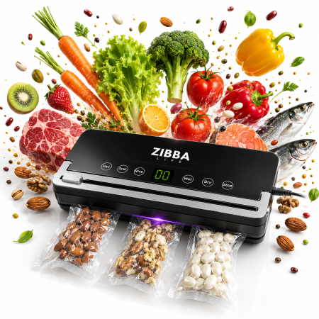 Aparate de vidat si pungi de vidat - Aparat de Vidat Pro Zibba Life™ cu Putere 120W, Presiunea 65KPA, Banda de lipire de 30cm cu 10 Pungi Incluse, Taiere Role, Vacuum Sigilare Alimente