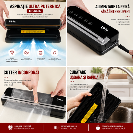 Aparat de Vidat Pro Zibba Life™ cu Putere 120W, Presiunea 65KPA, Banda de lipire de 30cm cu 10 Pungi Incluse, Taiere Role, Vacuum Sigilare Alimente [5]