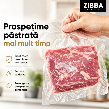 Aparat de Vidat Pro Zibba Life™ cu Putere 120W, Presiunea 65KPA, Banda de lipire de 30cm cu 10 Pungi Incluse, Taiere Role, Vacuum Sigilare Alimente [7]