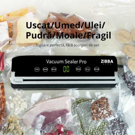 Aparat de Vidat Pro Zibba Life™ cu Putere 120W, Presiunea 65KPA, Banda de lipire de 30cm cu 10 Pungi Incluse, Taiere Role, Vacuum Sigilare Alimente [6]