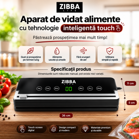 Aparat de Vidat Pro Zibba Life™ cu Putere 120W, Presiunea 65KPA, Banda de lipire de 30cm cu 10 Pungi Incluse, Taiere Role, Vacuum Sigilare Alimente [2]