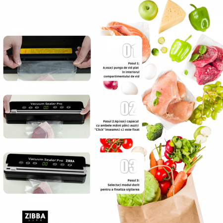 Aparat de Vidat Pro Zibba Life™ cu Putere 120W, Presiunea 65KPA, Banda de lipire de 30cm cu 10 Pungi Incluse, Taiere Role, Vacuum Sigilare Alimente [2]