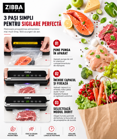Aparat de Vidat Pro Zibba Life™ cu Putere 120W, Presiunea 65KPA, Banda de lipire de 30cm cu 10 Pungi Incluse, Taiere Role, Vacuum Sigilare Alimente [4]