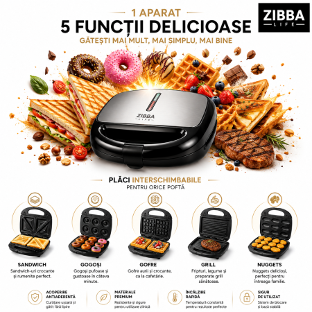 Aparat multifuncțional 5-în-1 – grill, sandwich, gofruri, donut, Nuci, 800 W [2]
