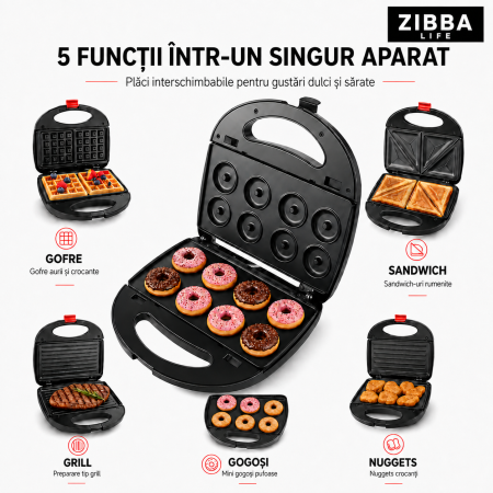 Aparat multifuncțional 5-în-1 – grill, sandwich, gofruri, donut, Nuci, 800 W [3]