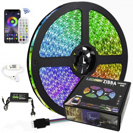 Benzi Led - Banda LED RGB 5050 Zibba Life™, 5m, IP65, 60 LED-uri/metru, Control prin Aplicatie si Telecomanda, Compatibila Google Assistant & Alexa