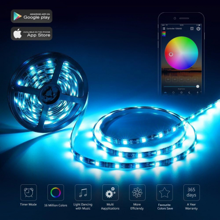Banda LED RGB 5050 Zibba Life™, 5m, IP65, 60 LED-uri/metru, Control prin Aplicatie si Telecomanda, Compatibila Google Assistant & Alexa [4]