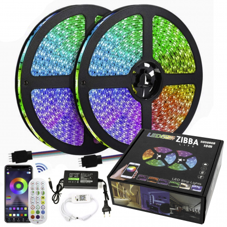 Benzi Led - Banda Led de 10 Metri 2 Role x 5m, prin Aplicatie Telefon RGB 5050 IP65, 60 LED-uri/metru, Controler - Zibba Life™