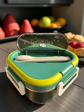 Caserolă Container pentru Prânz cu 3 Compartimente, Interior din Inox Fără BFA, Capacitate 1300ML + Secțiune Tacâmuri | Zibba Life™ [2]