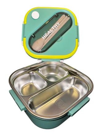 Pentru Bucatarie - Caserolă Container pentru Prânz cu 3 Compartimente, Interior din Inox Fără BFA, Capacitate 1300ML + Secțiune Tacâmuri | Zibba Life™