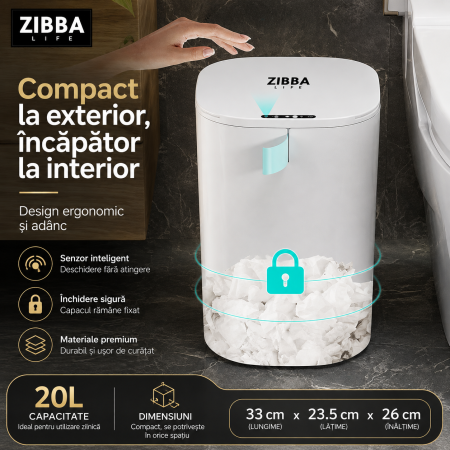 Cos de Gunoi Inteligent Zibba Life™, 20L, cu Senzor de Deschidere Automata, Design Moder, Fara Contact [3]