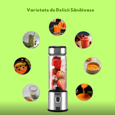 Mini Blender Portabil ZibbaLife™ S-POW, 450ml, 2x1500mAh, 200W, Viteza 20.000rpm, Sticla Borosilicata, Negru [10]