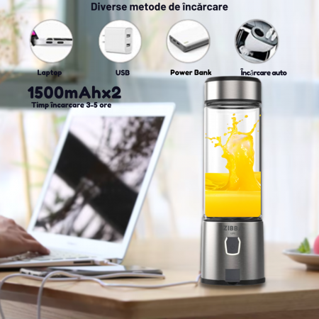 Mini Blender Portabil ZibbaLife™ S-POW, 450ml, 2x1500mAh, 200W, Viteza 20.000rpm, Sticla Borosilicata, Negru [4]