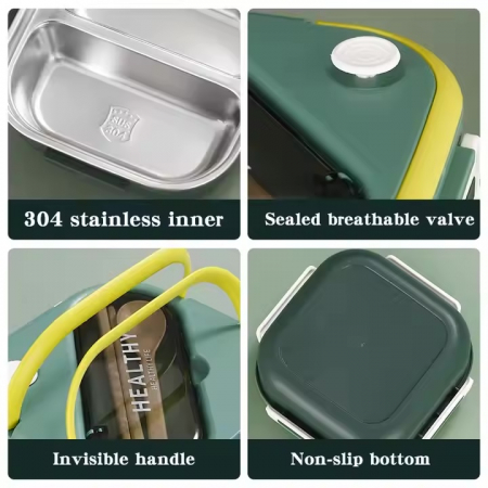 Caserolă Container pentru Prânz cu 3 Compartimente, Interior din Inox Fără BFA, Capacitate 1300ML + Secțiune Tacâmuri | Zibba Life™ [9]