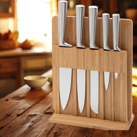 Set 5 Cuțite Bucătărie Profesionale din Oțel Inoxidabil + Suport Elegant din Bambus Natural [3]
