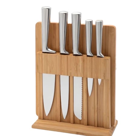 Pentru Bucatarie - Set 5 Cuțite Bucătărie Profesionale din Oțel Inoxidabil + Suport Elegant din Bambus Natural