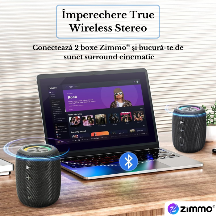 Boxa portabila bluetooth Zimmo® SuperBass, Negru [6]