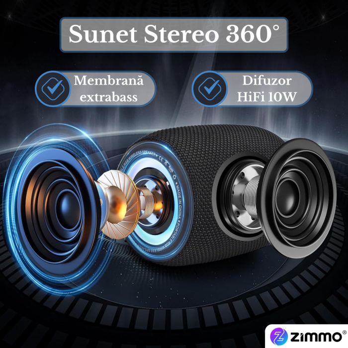 Boxa portabila bluetooth Zimmo® SuperBass, Negru [2]