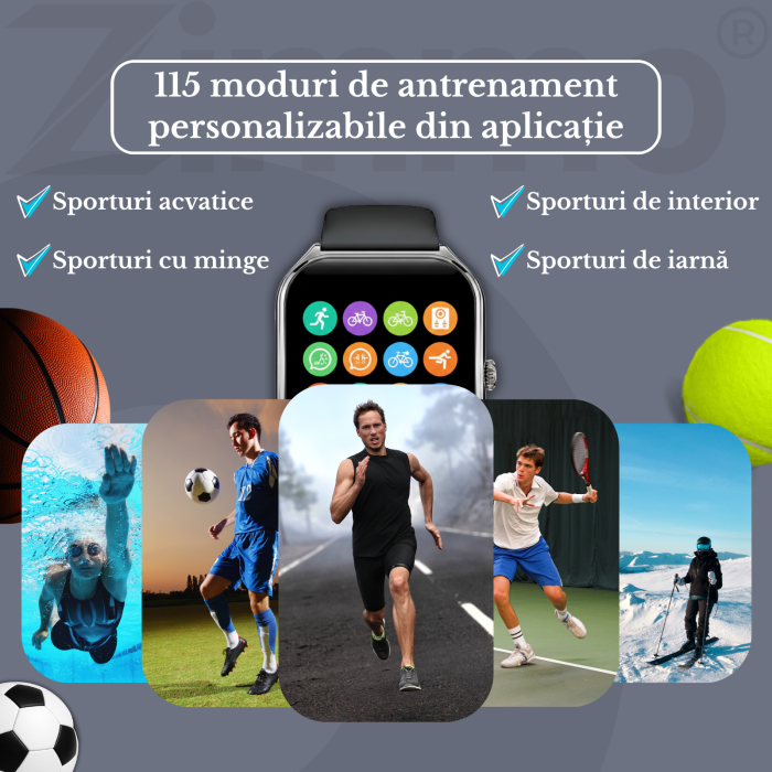 Ceas smartwatch Zimmo®, Ecran curbat, Amoled FullTouch 1.96 inch, Negru [3]